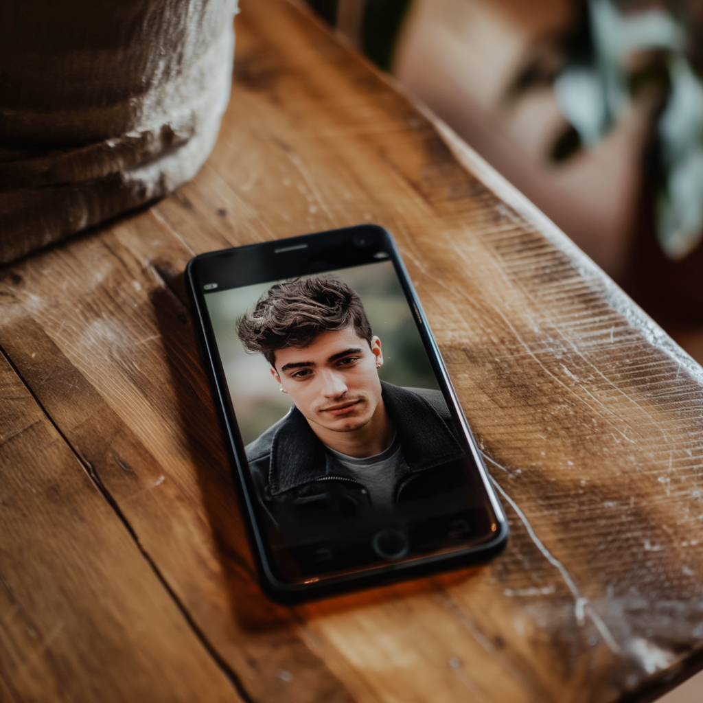 Jeune homme sur écran de téléphone