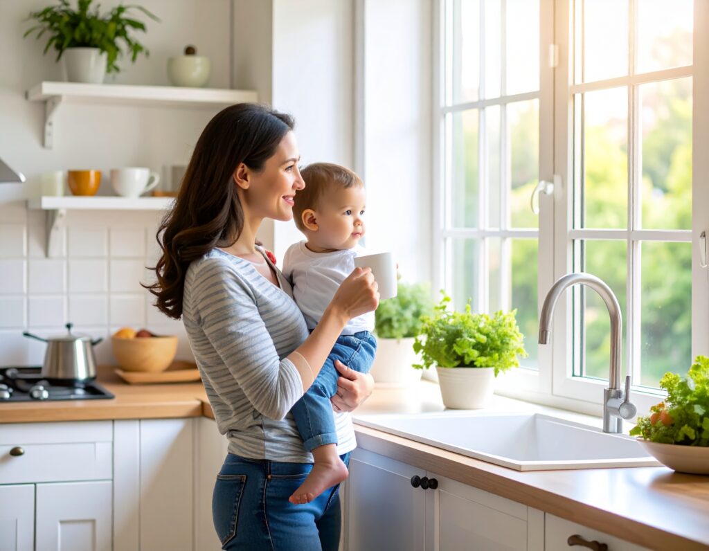 Mère tenant son enfant et regardant par la fenêtre d' une cuisine