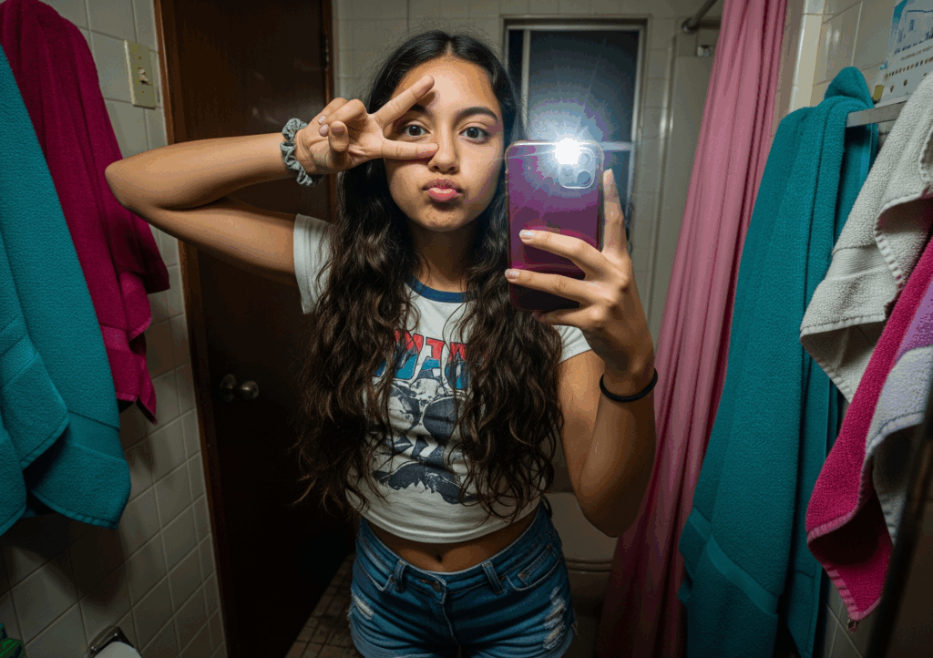 Jeune fille prenant un selfie dans une salle de bain