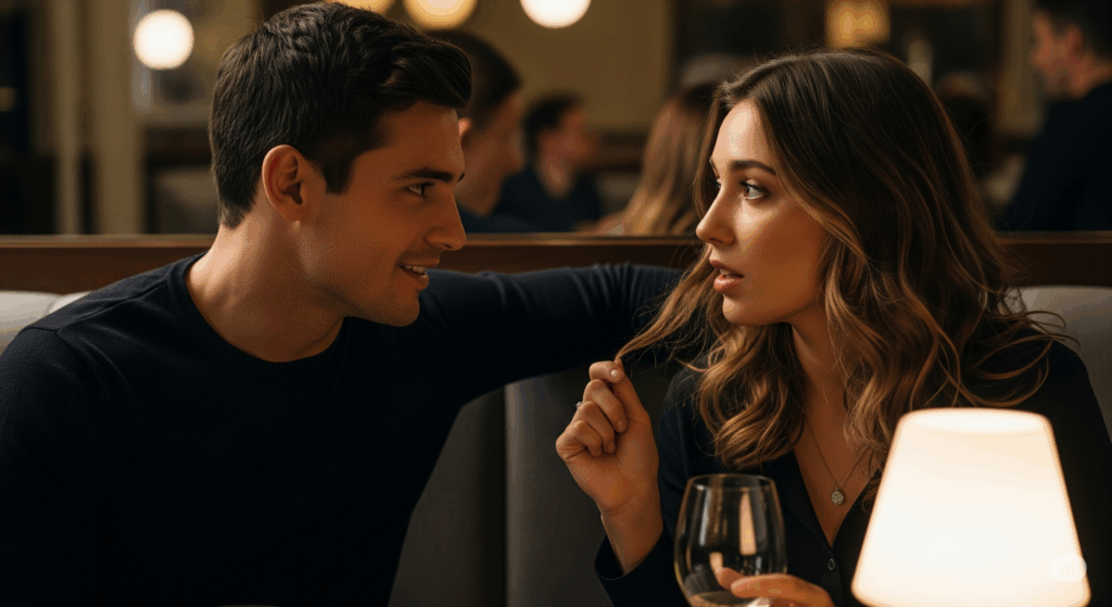 Un couple assis à une table de restaurant, en pleine conversation sérieuse et intime