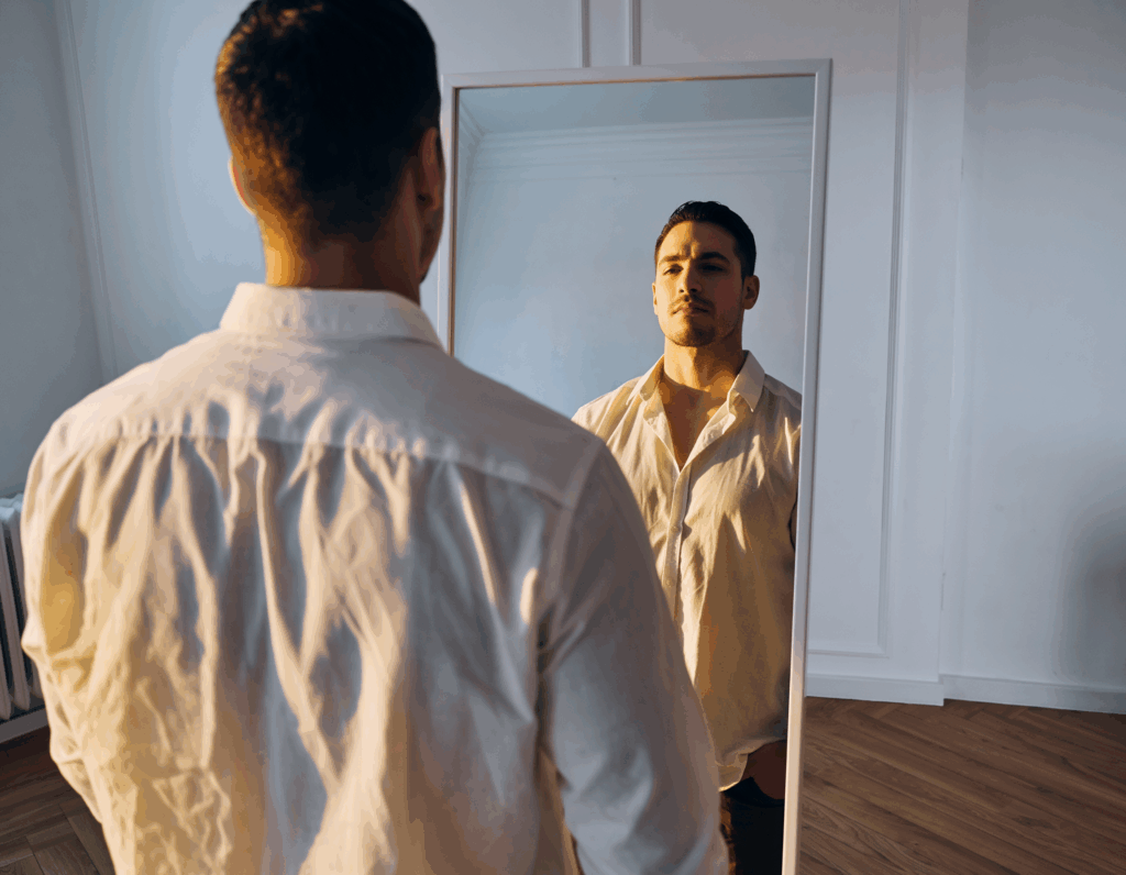 Homme en chemise blanche se regardant dans le miroir