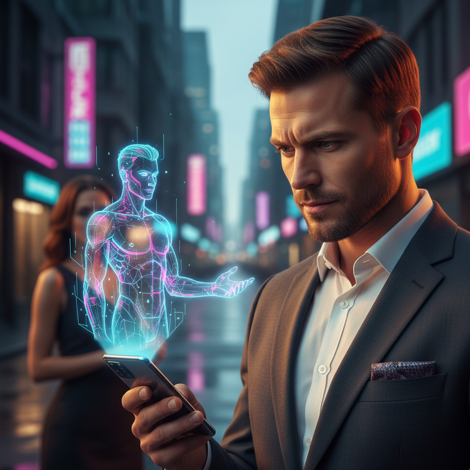 Homme avec Smartphone et Hologramme Futuriste