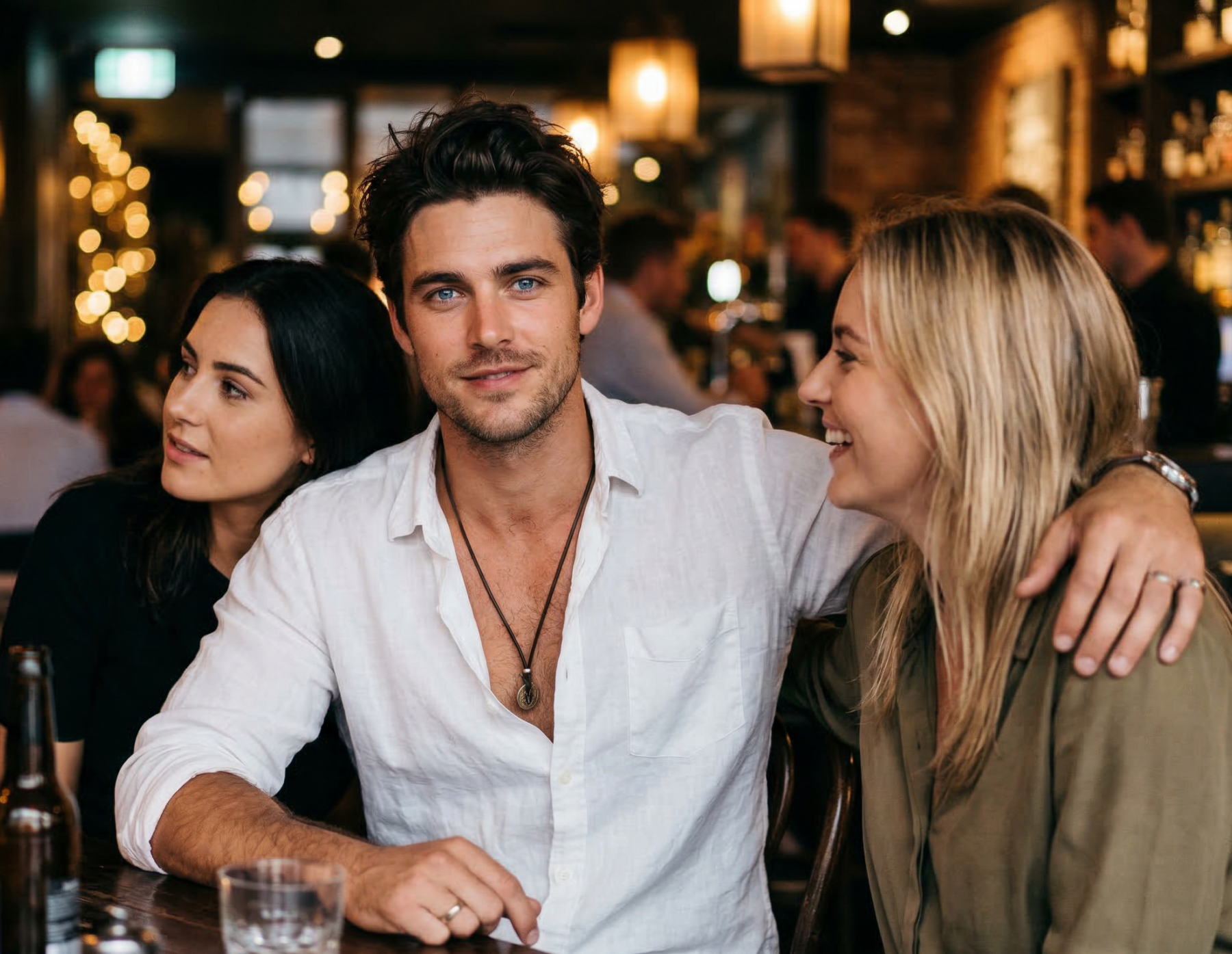 Homme séduisant discutant deux femmes