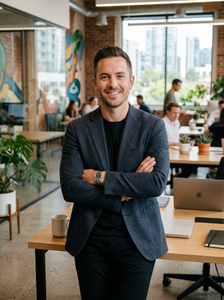 Professionnel Souriant dans un Bureau Collaboratif