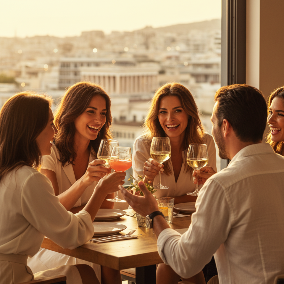 Coucher de soleil et toast entre amis en ville